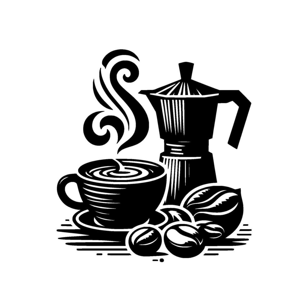 Bold Black and White Coffee Still Life Cup, Steaming Steam, Moka Pot, Roasted Beans on White Background. vector