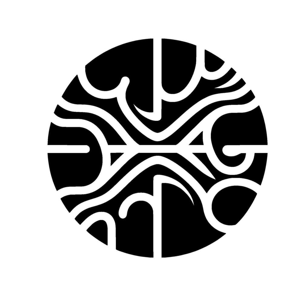 A stylized black and white circular featuring a complex symmetrical pattern of swirling lines, geometric shapes and bold negative space on a plain white background. vector