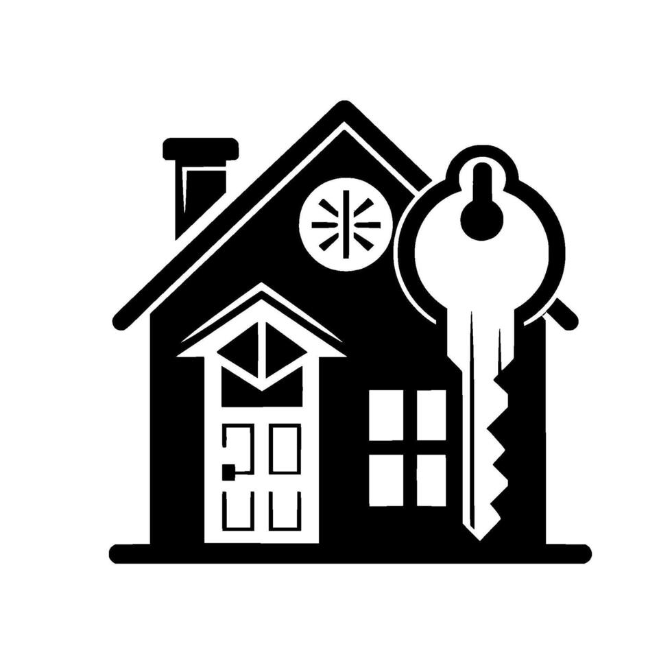 illustration of a black house silhouette with a large white key, symbolizing real estate and home ownership, on a bright background. vector