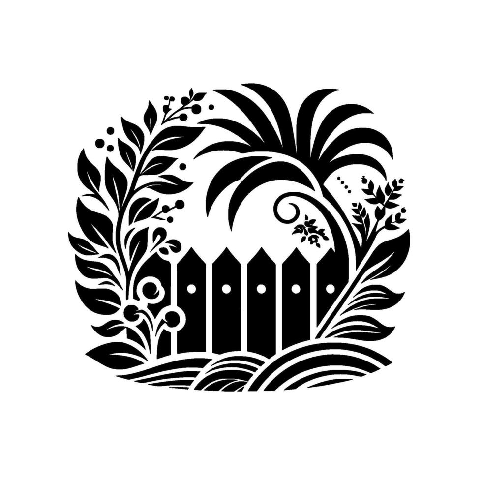 Decorative black and white circular illustration of a garden scene featuring a picket fence and lush foliage, evoking a vintage aesthetic. vector