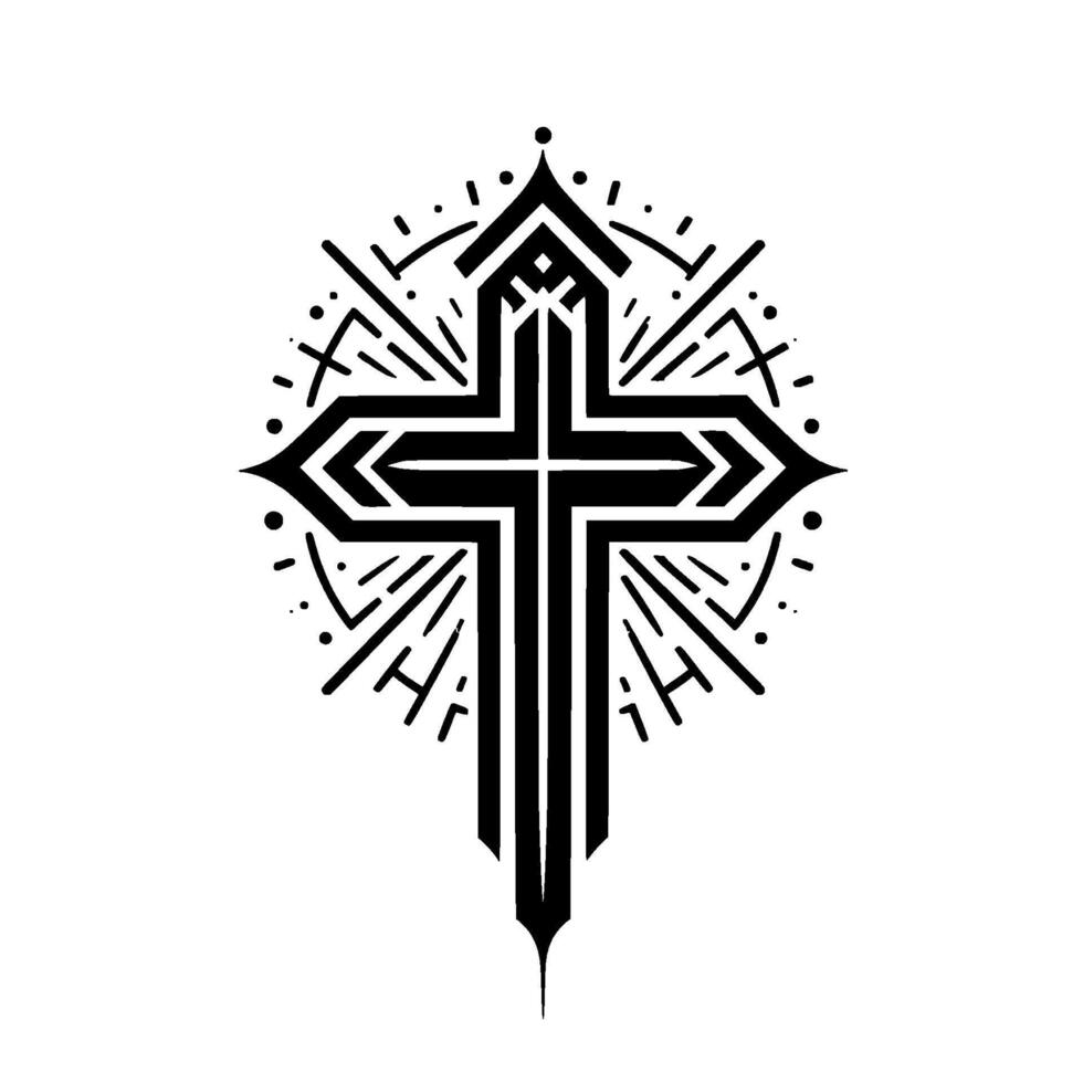 Ornate Black Geometric Cross with Circular Radiating Lines and Decorative Accents on a White Background. vector