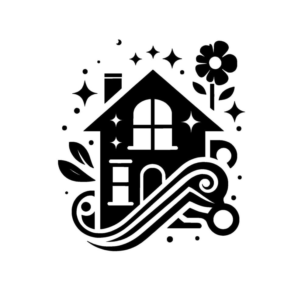 Stylized Black and White House with Chimney Smoke, Flower, Stars, and Decorative Swirls on a White Background. vector