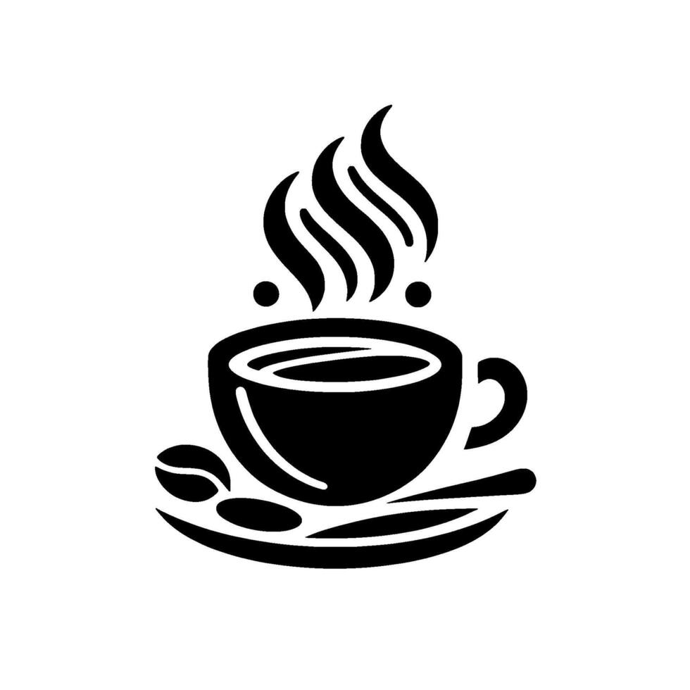 Minimalist black and white coffee cup illustration with steam rising, coffee beans, and a saucer. vector