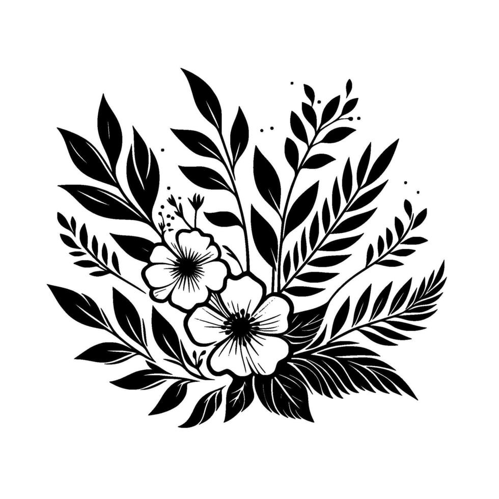 Elegant Black and White Floral Composition Two Poppies and Leafy Foliage in a Symmetrical Arrangement on White. vector