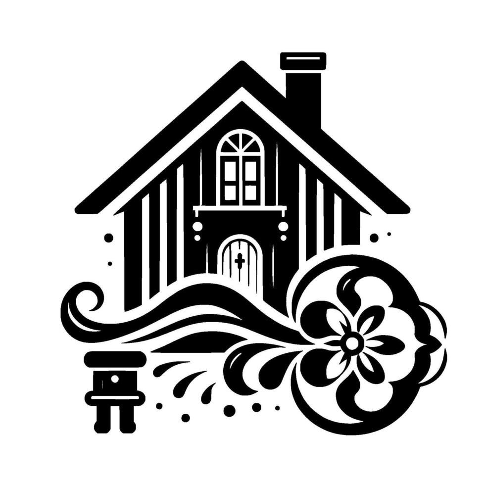 A Stylized Black and White Home with Decorative Flourishes, a Key Feature, and a Small Ornament, on a White Background. vector