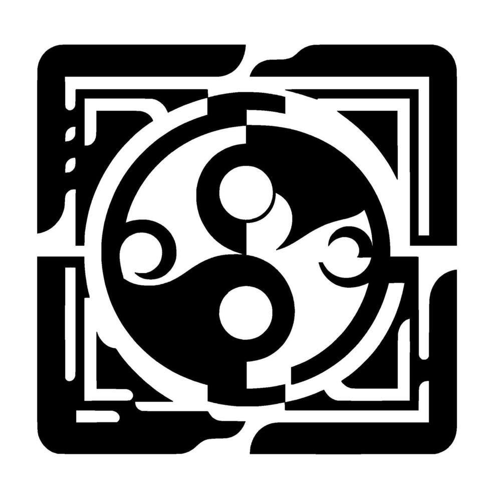 Geometric, Black and White Abstract Composition A Modern Yin Yang with Rectangular Frame and Curvilinear Details. vector
