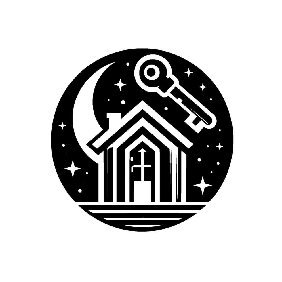 Abstract Black and White Illustration of a House, Key, Moon, and Stars within a Circular Frame, Symbolizing Nighttime Home Security. vector