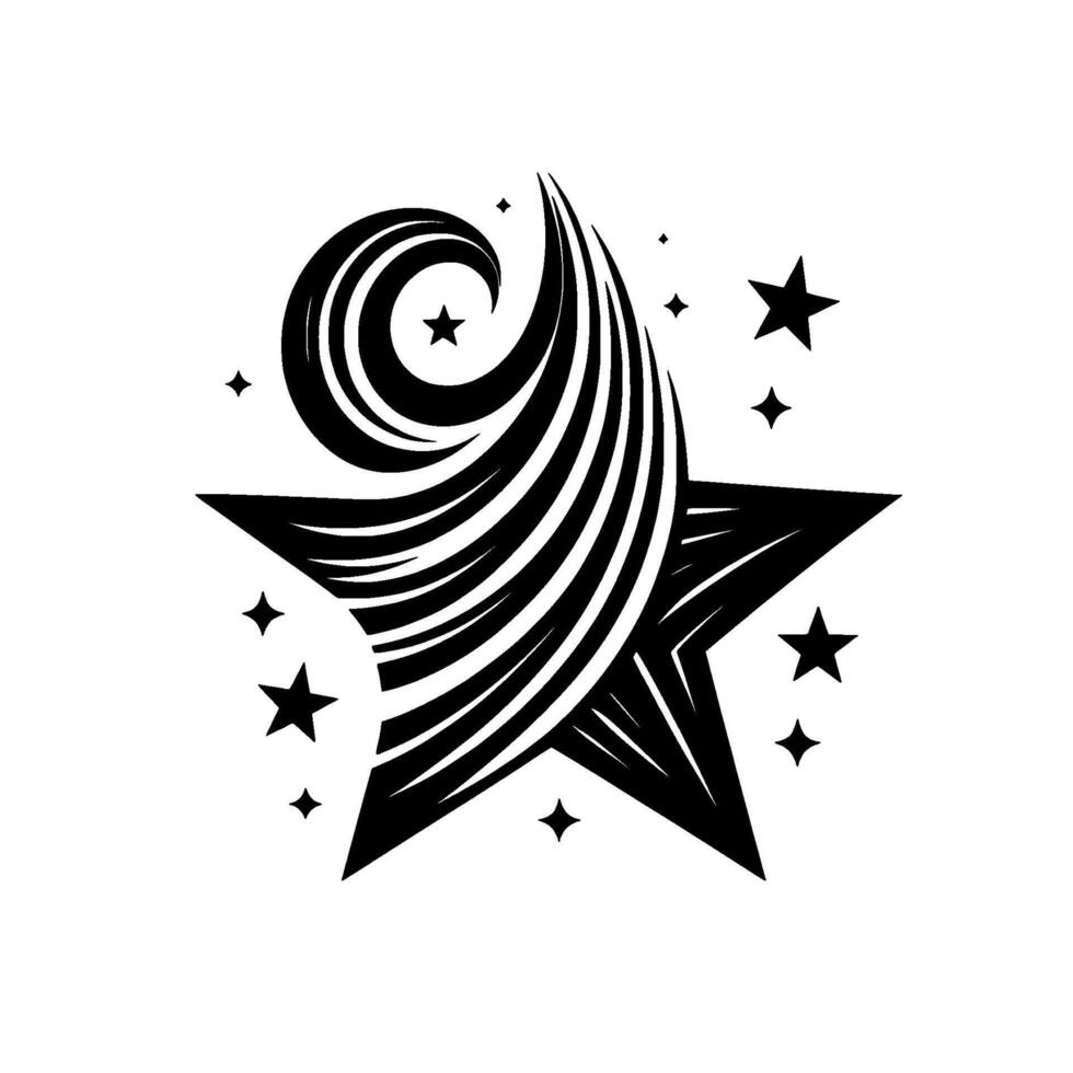 Black and White Starburst with Swirling Lines and Surrounding Stars on a White Background. vector