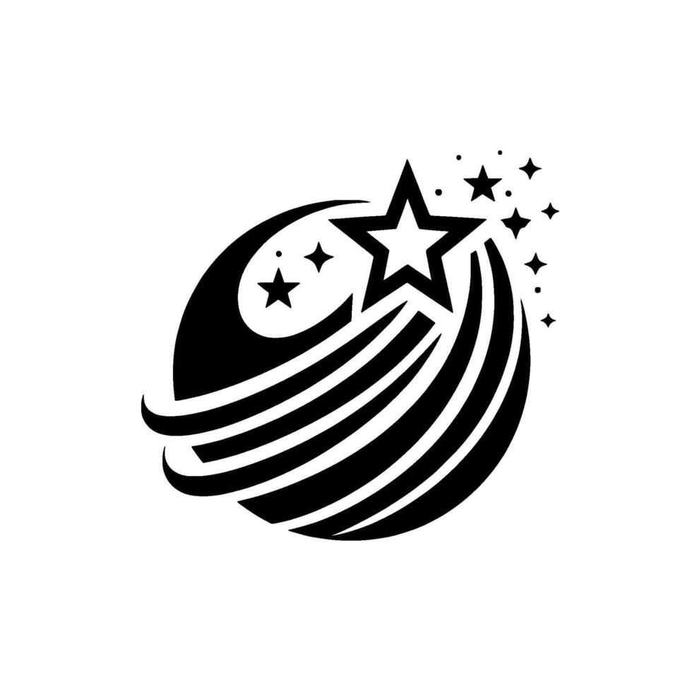 Black and White Starry A depiction of a shooting star with radiating trails encircling, complemented by multiple small stars, on a white backdrop. vector