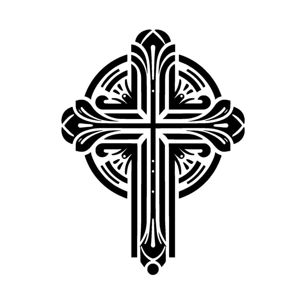 Ornate Black and White Christian Cross with Circular , Elegant, Floral Embellishments, Isolated on White. vector