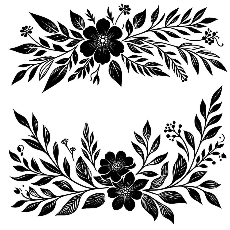 Ornate Black and White Floral Garland Featuring Two Symmetrical HalfFrames of Flowers, Leaves, and Berries. vector