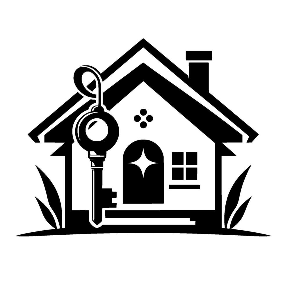 Minimalist Real Estate Silhouette House and Giant Key, Monochrome with Foliage, Focus on Home Access. vector