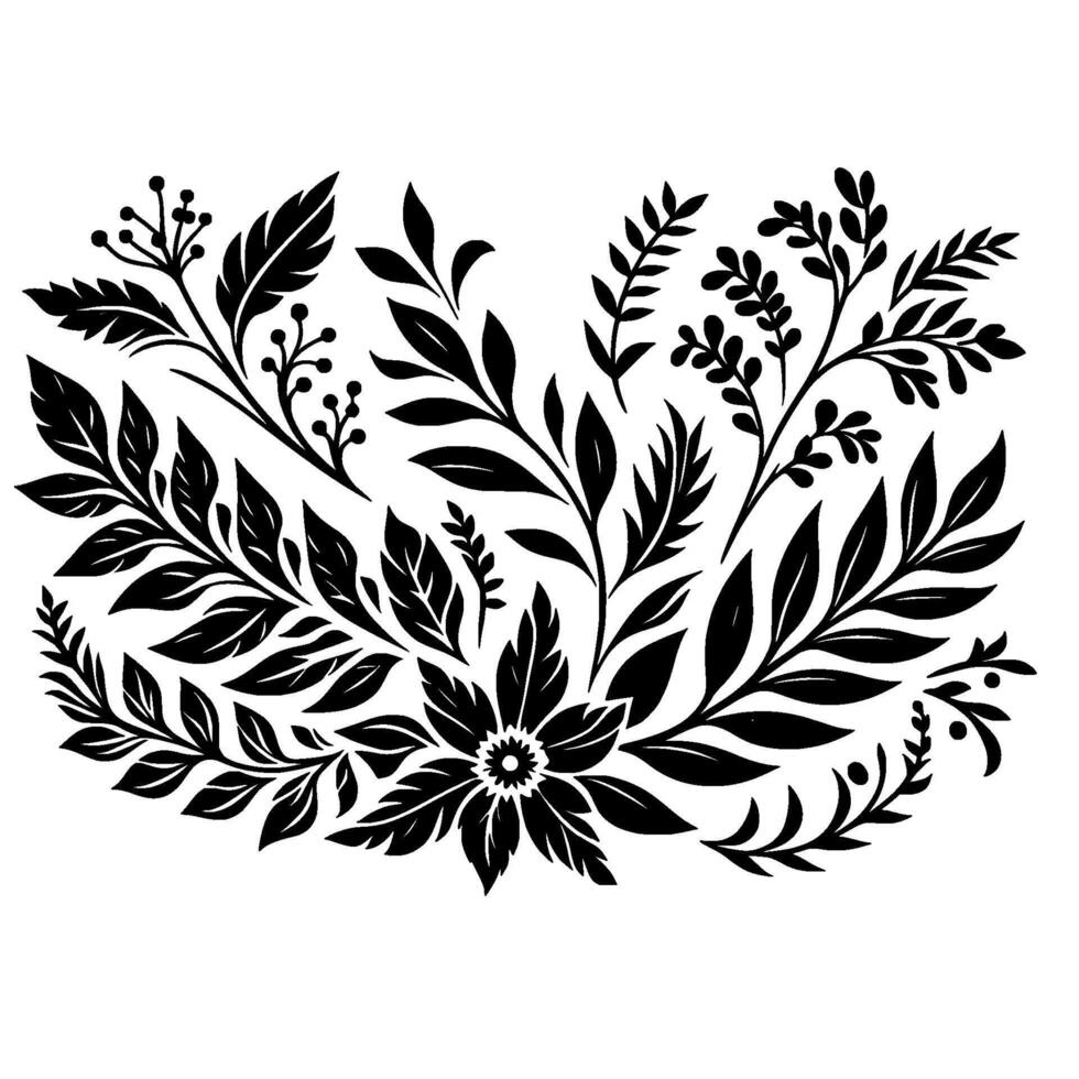 Intricate black floral and botanical illustration with varied leaves, sprigs, and a central flower, against a white background. vector