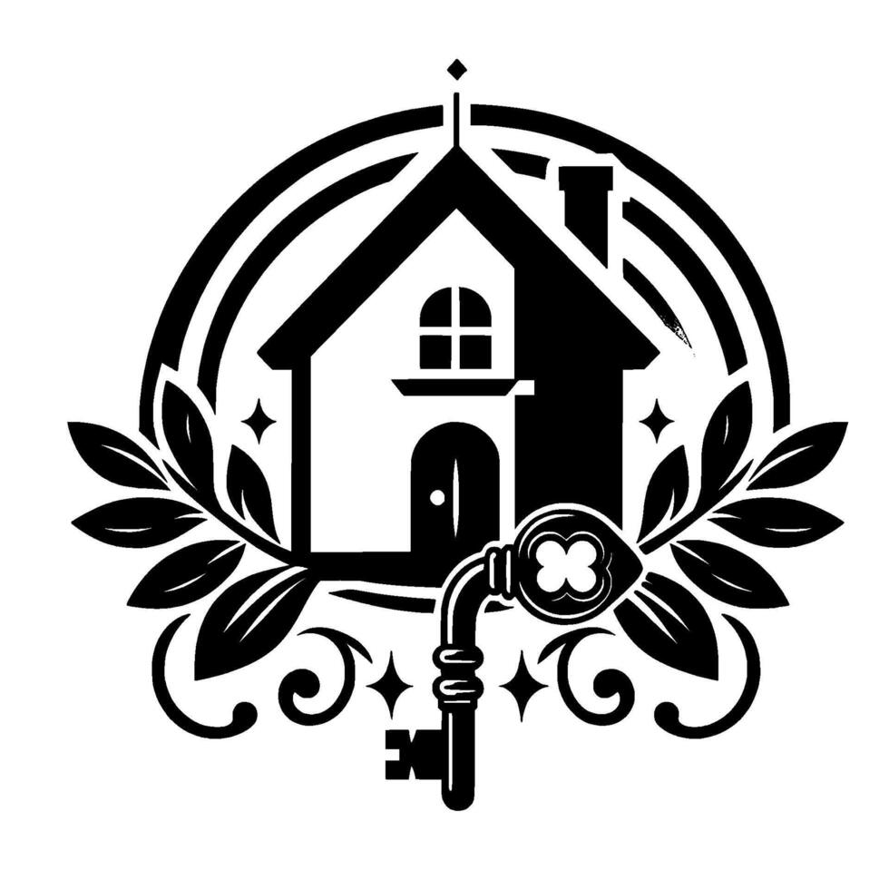 Black and White Home Ownership House, Key, Leaves, and Rainbow Arch . vector