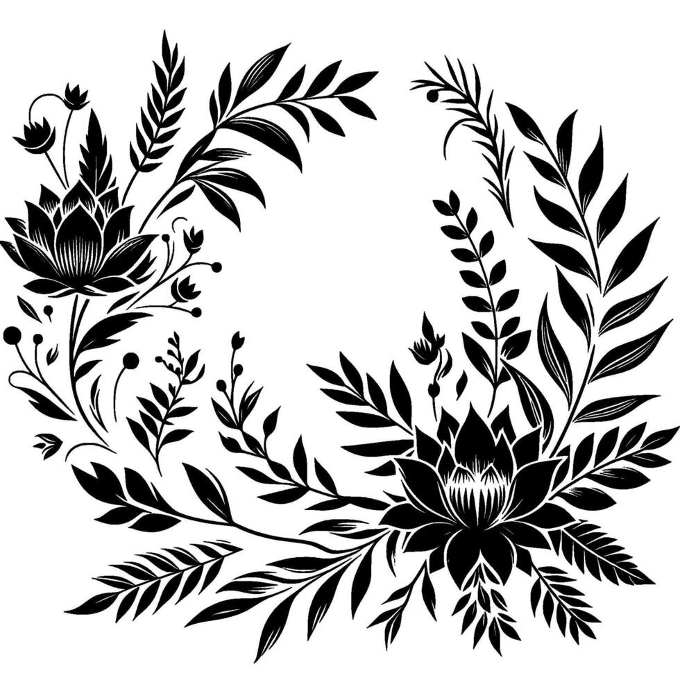 Ornate Black and White Floral Wreath with Lotus Blossoms, Foliage, and a Circular Arrangement. vector