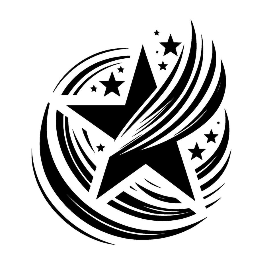 Black White Starburst A bold, fivepointed star encircled by swirling, striped accents, complemented by smaller stars. vector