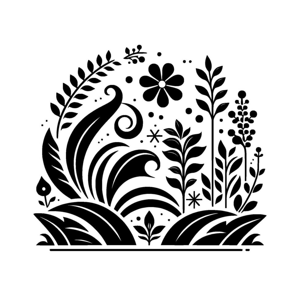 Symmetrical Black and White Floral Stylized Plants, Flower, and Botanical Elements in a Decorative Arrangement. vector