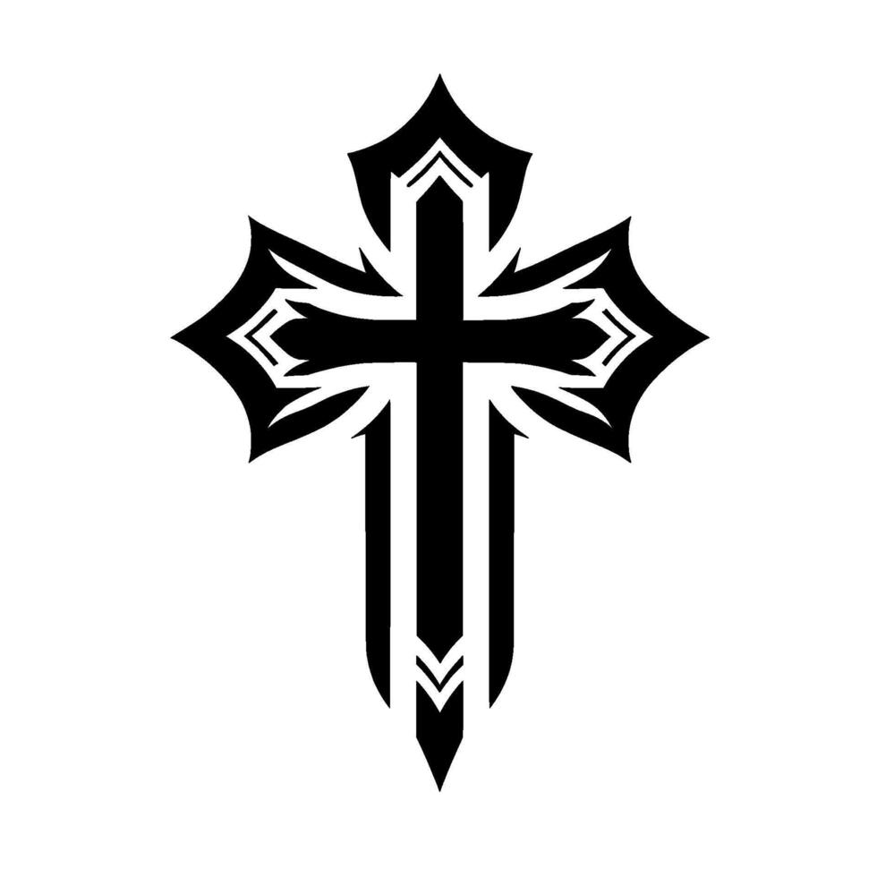 Intricate Black Cross on White Background, Symbolic of Faith, Embellished with Gothic Ornamental Details. vector