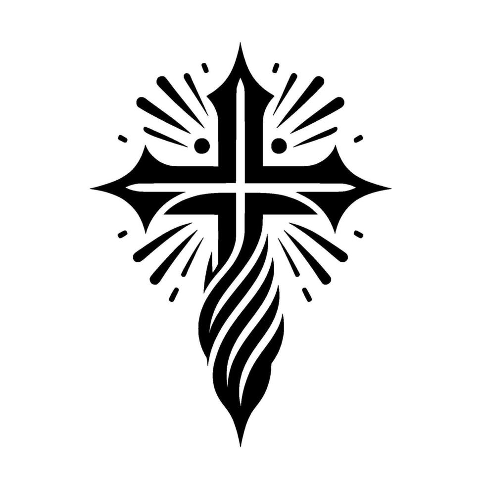 Bold Black White Christian Cross with Decorative Sunburst Flame Elements. vector
