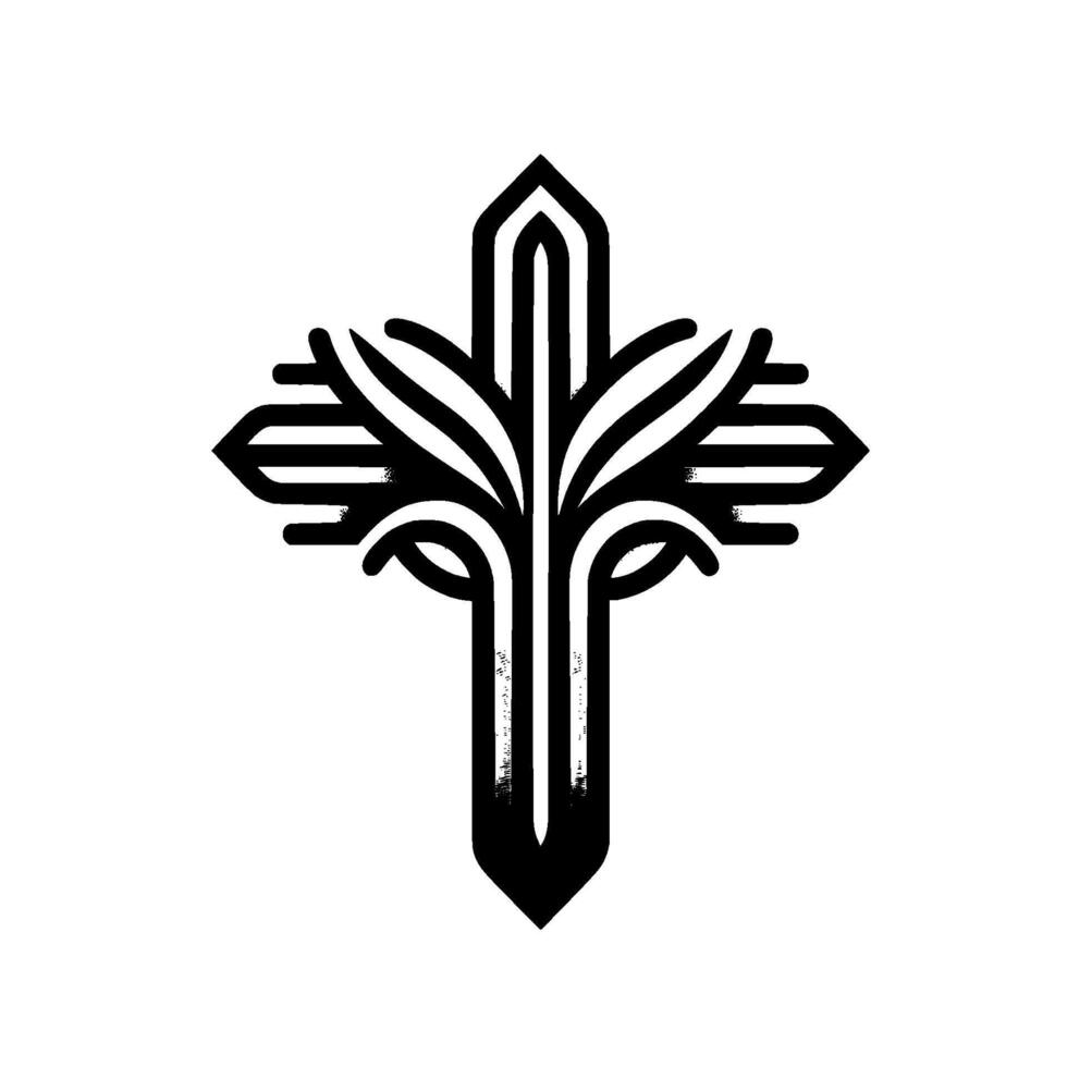 Stylized Black and White Cross with Floral Elements, Modern Minimalism, Symbolic on White Backdrop. vector