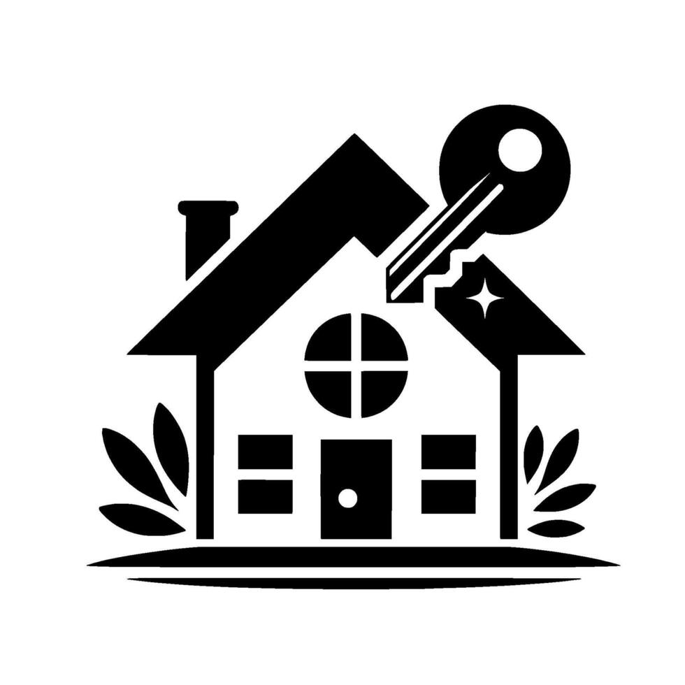 Black and white minimalist featuring a house with a key, representing homeownership, security, and property. vector
