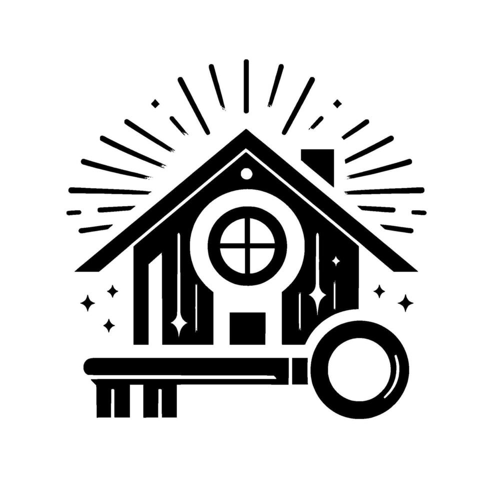 Elegant black and white illustration of a house, with radiating lines, a crossshaped window, and a key, symbolizing home ownership and security. vector