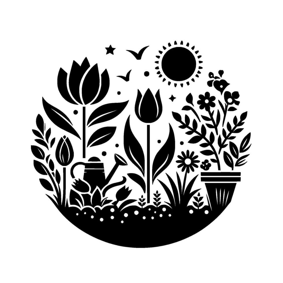 Black and White Garden Illustration with a Watering Can, Flowers, Sun, and Stars inside a Circle, a simplistic and peaceful nature . vector