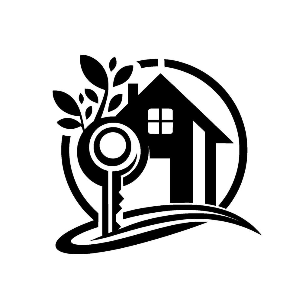 Black White Real Estate Featuring Home Silhouetted with Key, Leaves, and Circular Frame. vector