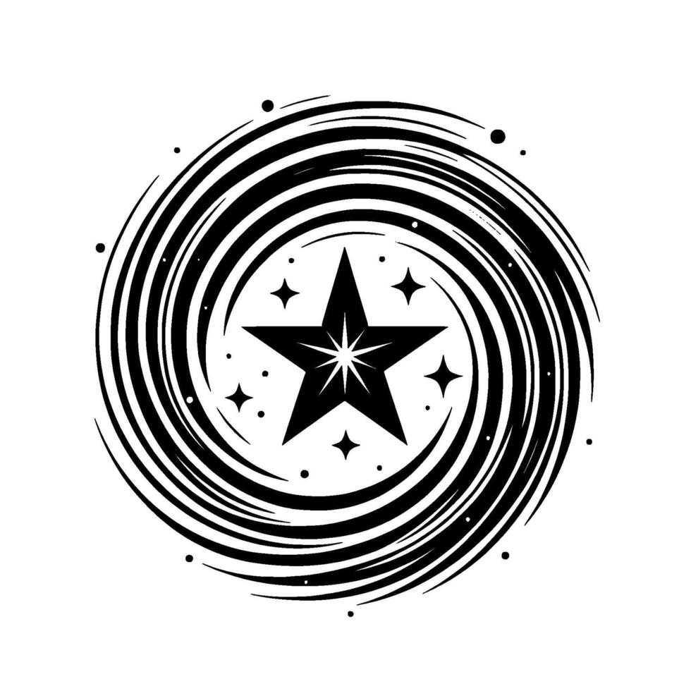 Black and white circular with a star in the center, surrounded by swirling lines and additional smaller stars, creating a celestial and dynamic composition. vector
