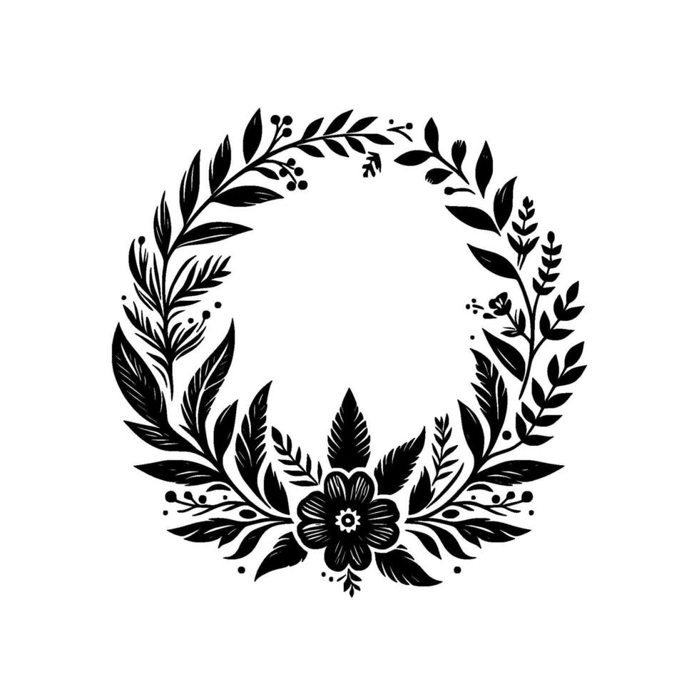 Intricate Black Floral Wreath on White Background Botanical Symmetry with Leafy Branches, Berries and Flower. vector