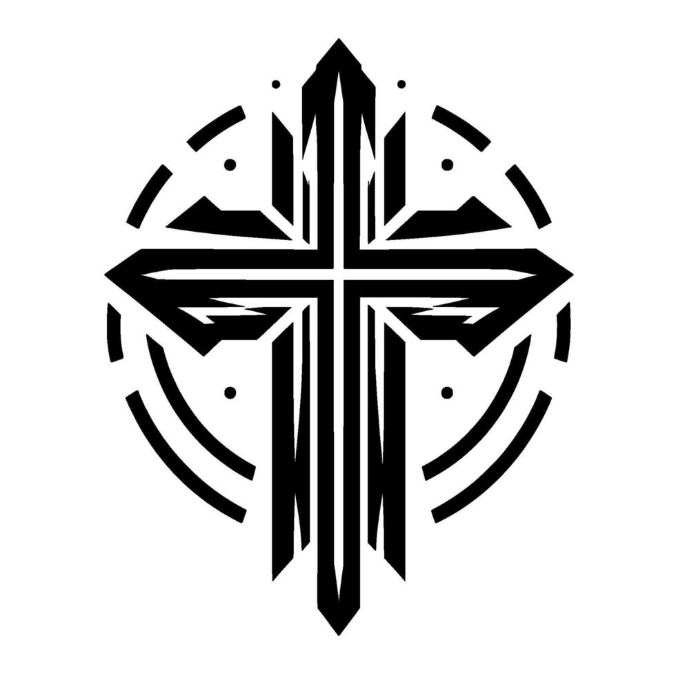 Monochromatic, stylized Christian cross illustration within a circle, geometric in bold black lines against a white background. vector