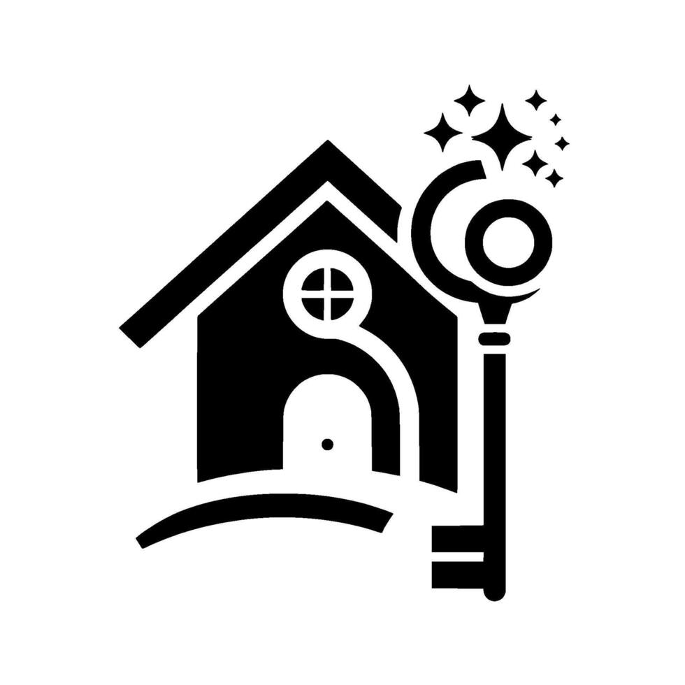 Silhouette of a magical house and key with shining stars, hinting at homeownership, property access, and the promise of dreams. vector