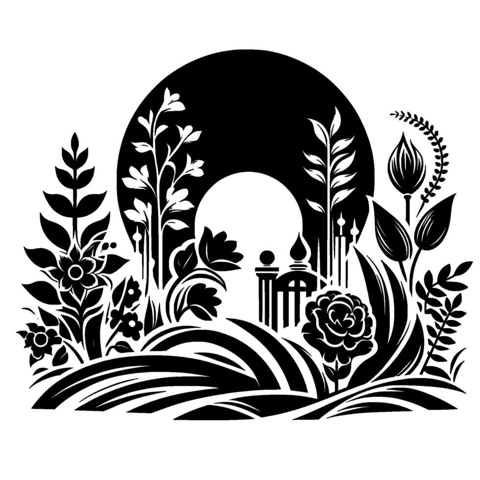 Black and White Floral Silhouette with Architectural Details, Set Against Moon or Sun, Evoking Tranquility. vector