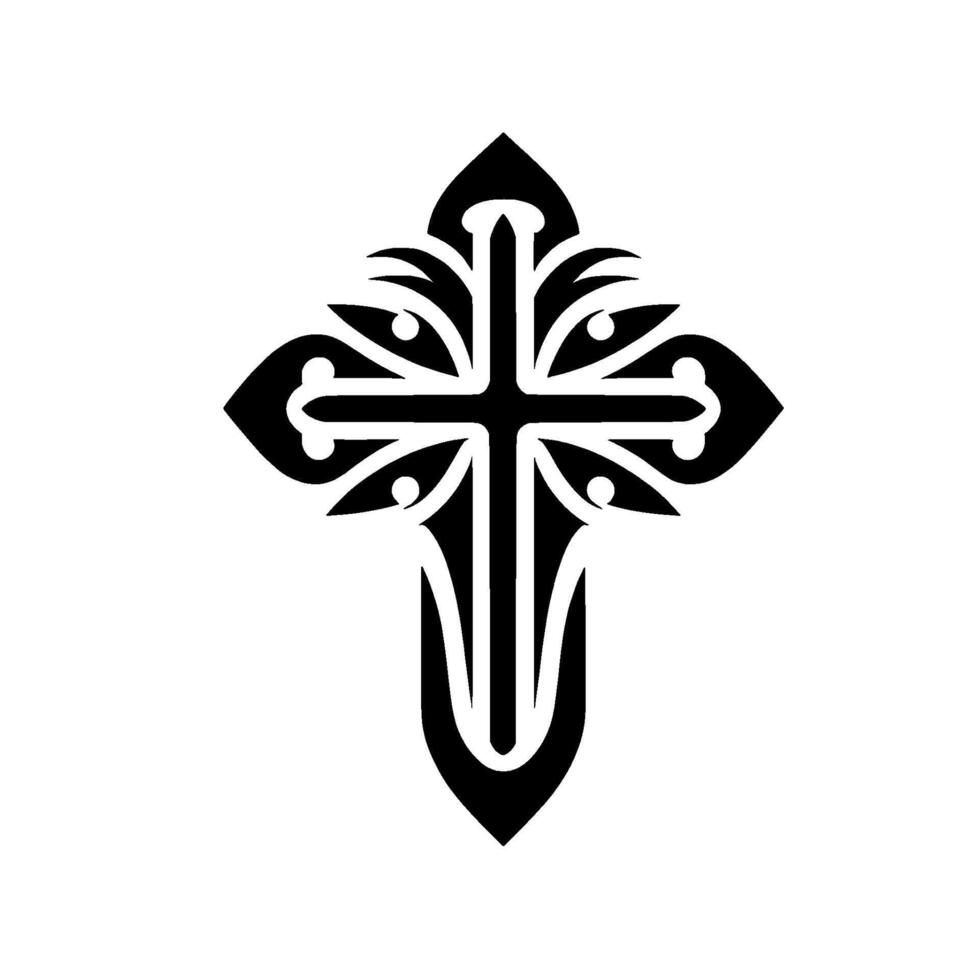Black Ornamented Cross on White Background, Decorative Religious Symbol. vector
