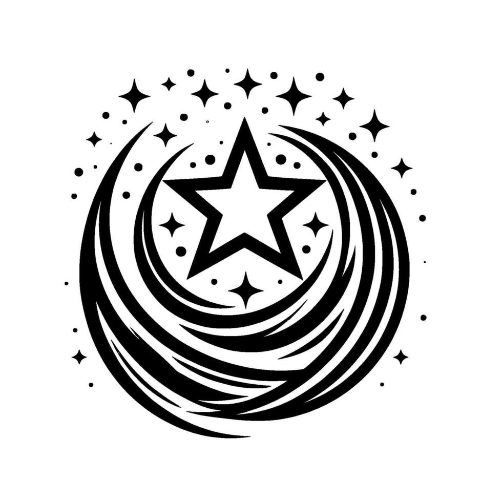 Black and White Starburst A fivepointed star encircled by flowing curved lines and smaller star accents against a white background. vector