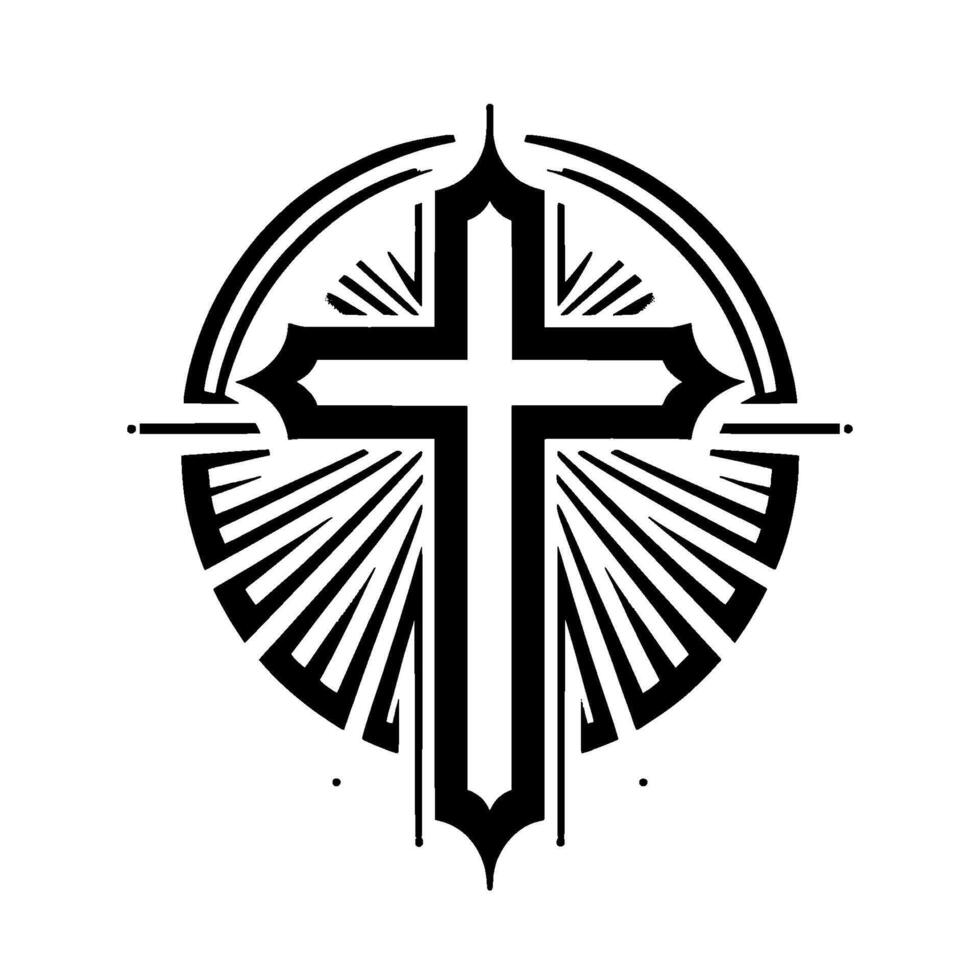 Elegant, Black and White, Geometric Cross Within a Circular Frame, Radiating Rays, Symbolic Representation of Faith and Spirituality. vector