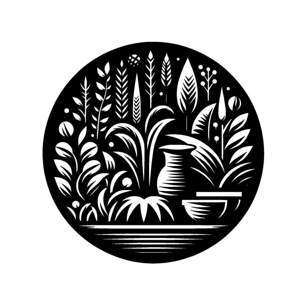 Black and White Circular Stylized Garden Scene with Pottery, Foliage, and Water Lines. vector