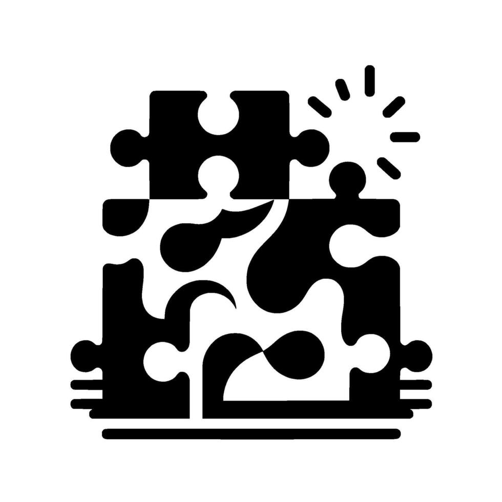 Abstract monochrome puzzle with one piece highlighted by radiating lines, symbolizing a solution or idea. vector