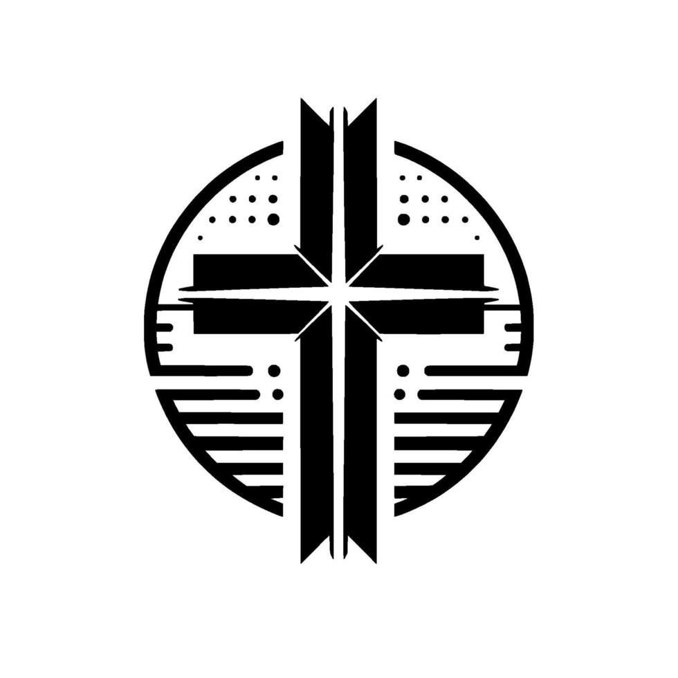 Geometric Christian Cross within a Circle, Stylized Black and White , Symbolizing Faith, Spirituality and Hope. vector