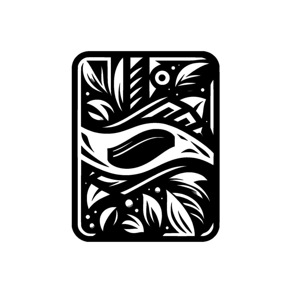 Black and White Botanical Emblem Abstract rectangular featuring leaves, geometric shapes, and an eyelike central form. vector