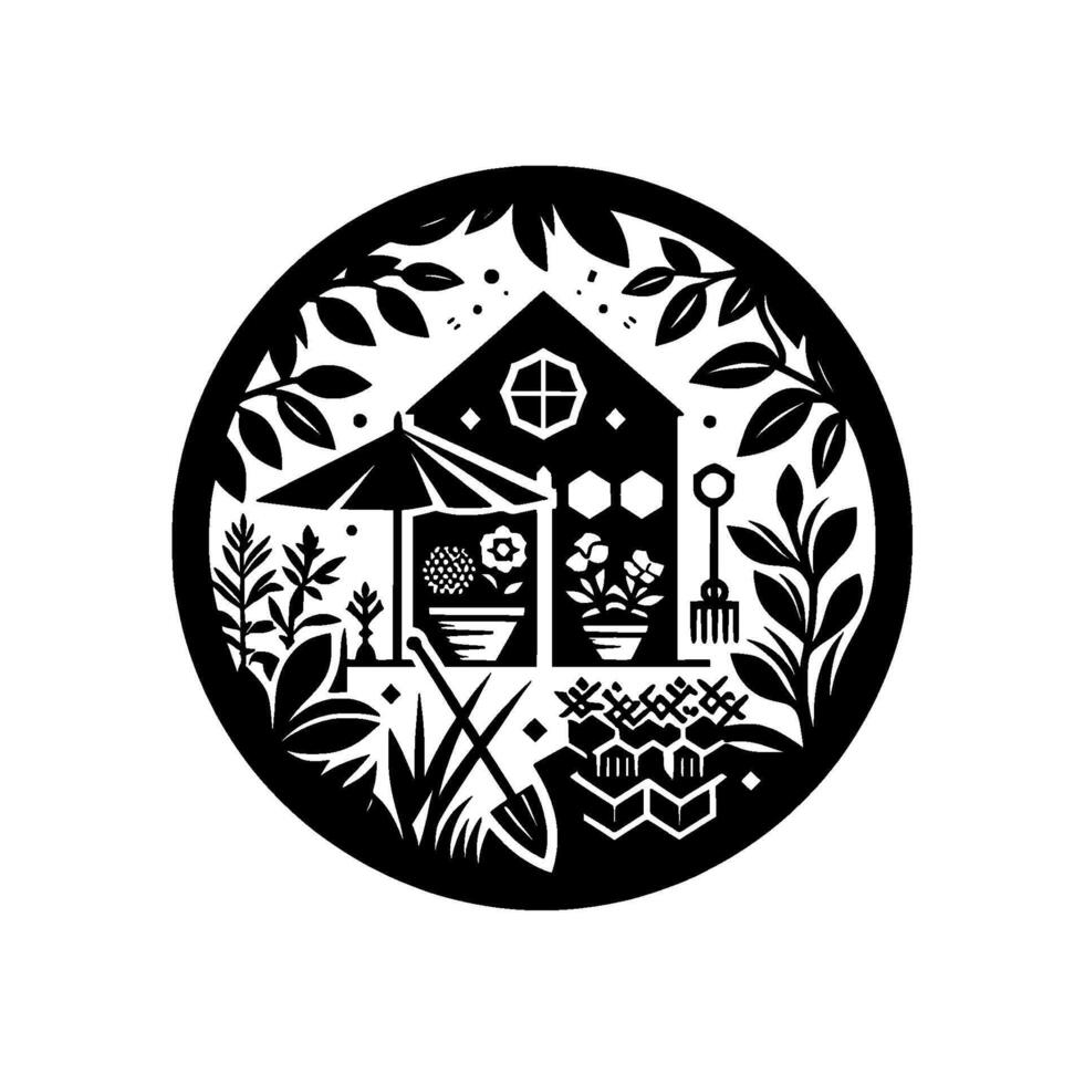 A round, black and white garden scene, cutout style, showcasing a house, umbrella, plants, and tools within leafy border. vector