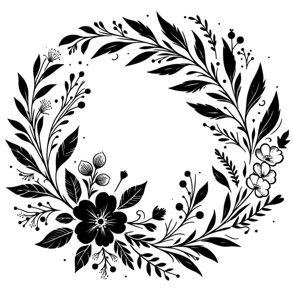 Elegant Black and White Floral Wreath Featuring Various Leaves, Berries and Flower Elements on a Blank Background. vector