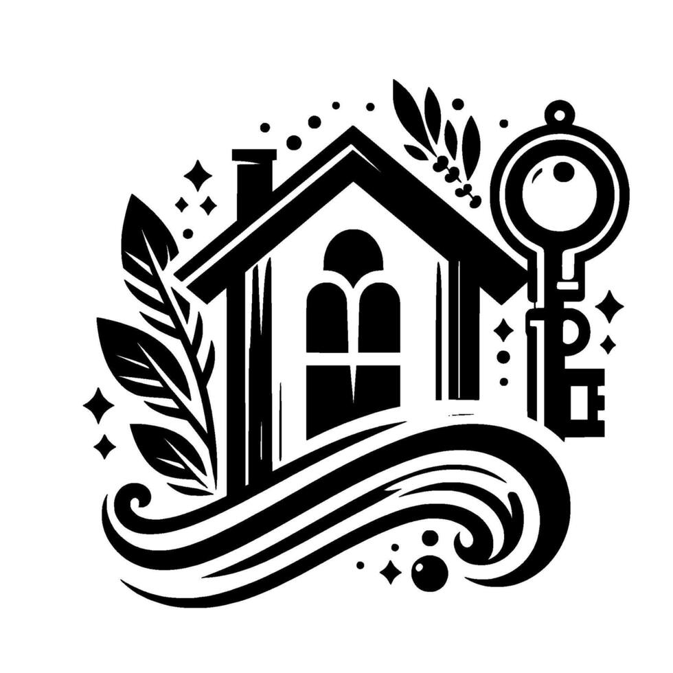 Stylized black and white real estate featuring a house with a key, leaf accents, and wavelike elements. vector