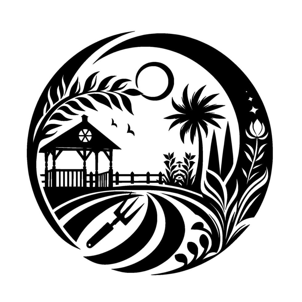 A circular, stylized black and white illustration of a serene garden scene featuring a gazebo, palm tree, and farm tools. vector