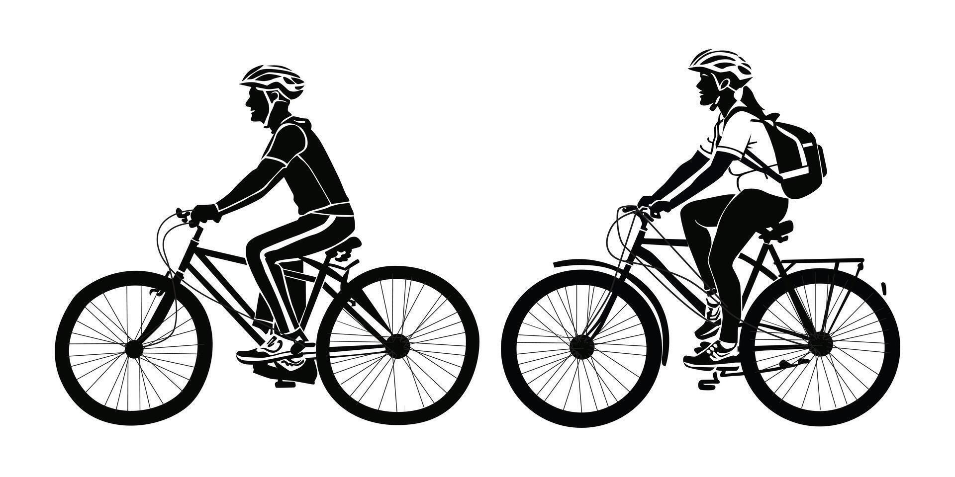 Silhouette bicyclist black and white isolated on a white background, illustration style. vector