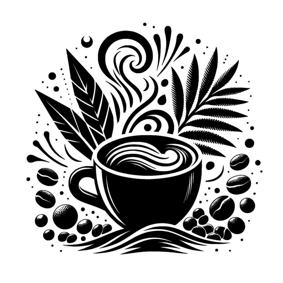 Stylized Black and White Illustration Coffee Cup with Steam, Coffee Beans, and Botanical Elements, on a White Backdrop. vector