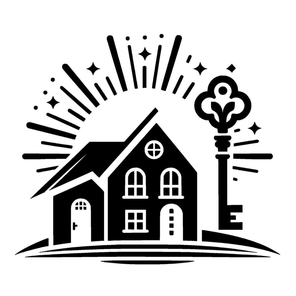 Stylized black and white featuring a house with a key, radiant sunburst effect, and a welcoming, bright atmosphere. vector