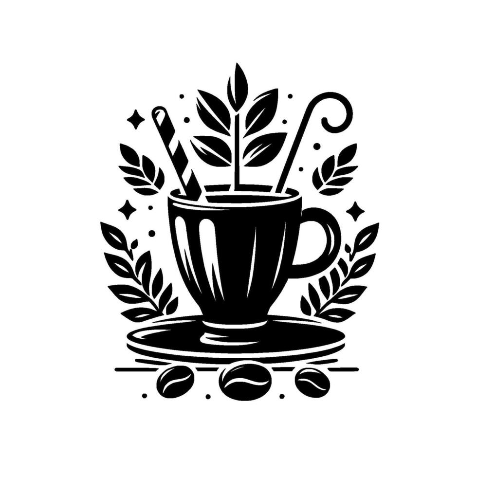 Elegant Black White Coffee Illustration with Leafy Accents, Beans, and Decorative Elements, Featuring a Stylish Beverage Cup. vector