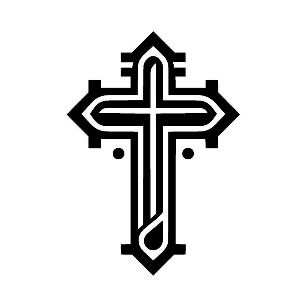 Geometric Black and White Cross Emblem with Intricate Line Art Detailing and Gothic Architectural Influences. vector