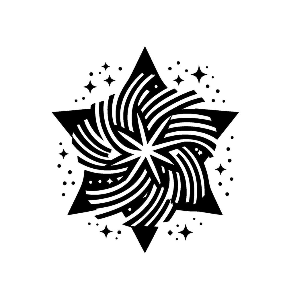 Geometric Black and White Starburst Mandala with Radial Stripe Pattern and Scattered Sparkle Accents. vector